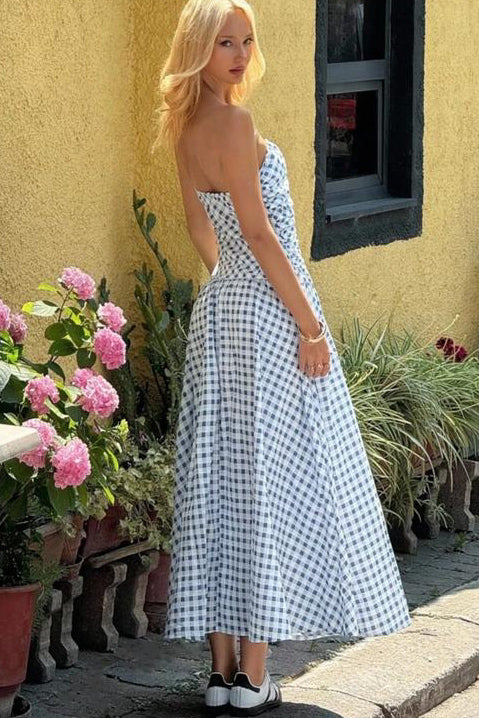 Vestido sin tirantes con estampado de cuadros🩵