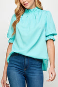 Rachel Ruffle Neck Top - Aqua