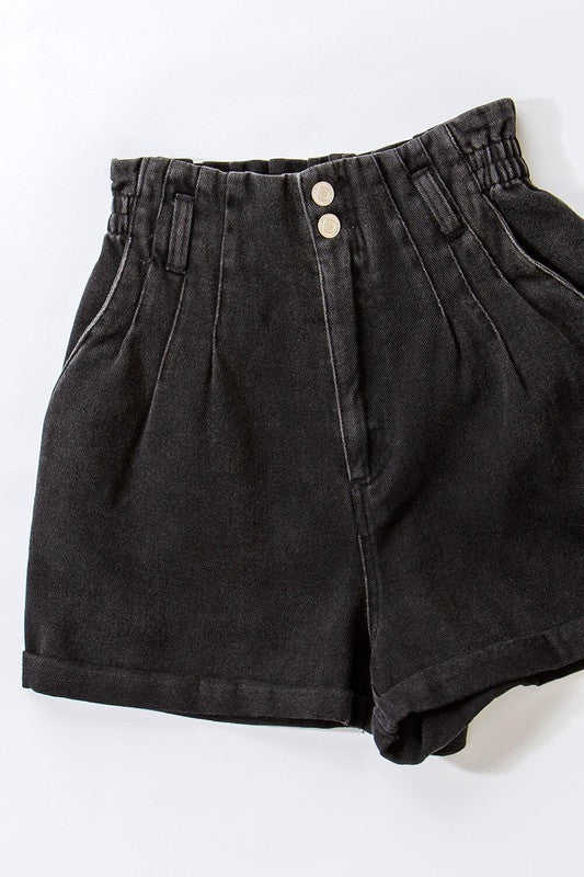 Dominique High Waist Cotton Denim Shorts - Black