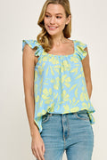 Daniela Floral Top - Sky Blue
