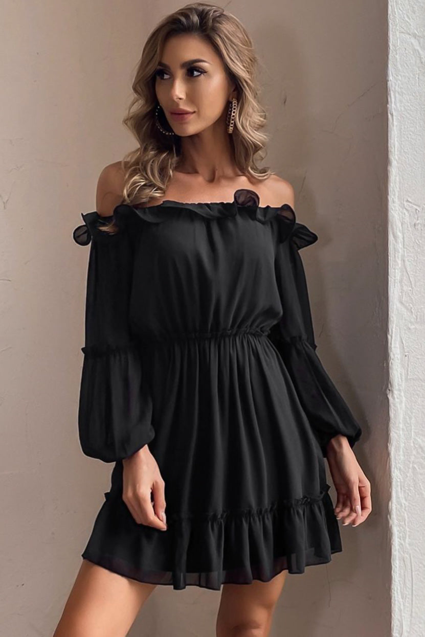 Preorders Off Shoulder Ruffle Dress in Black